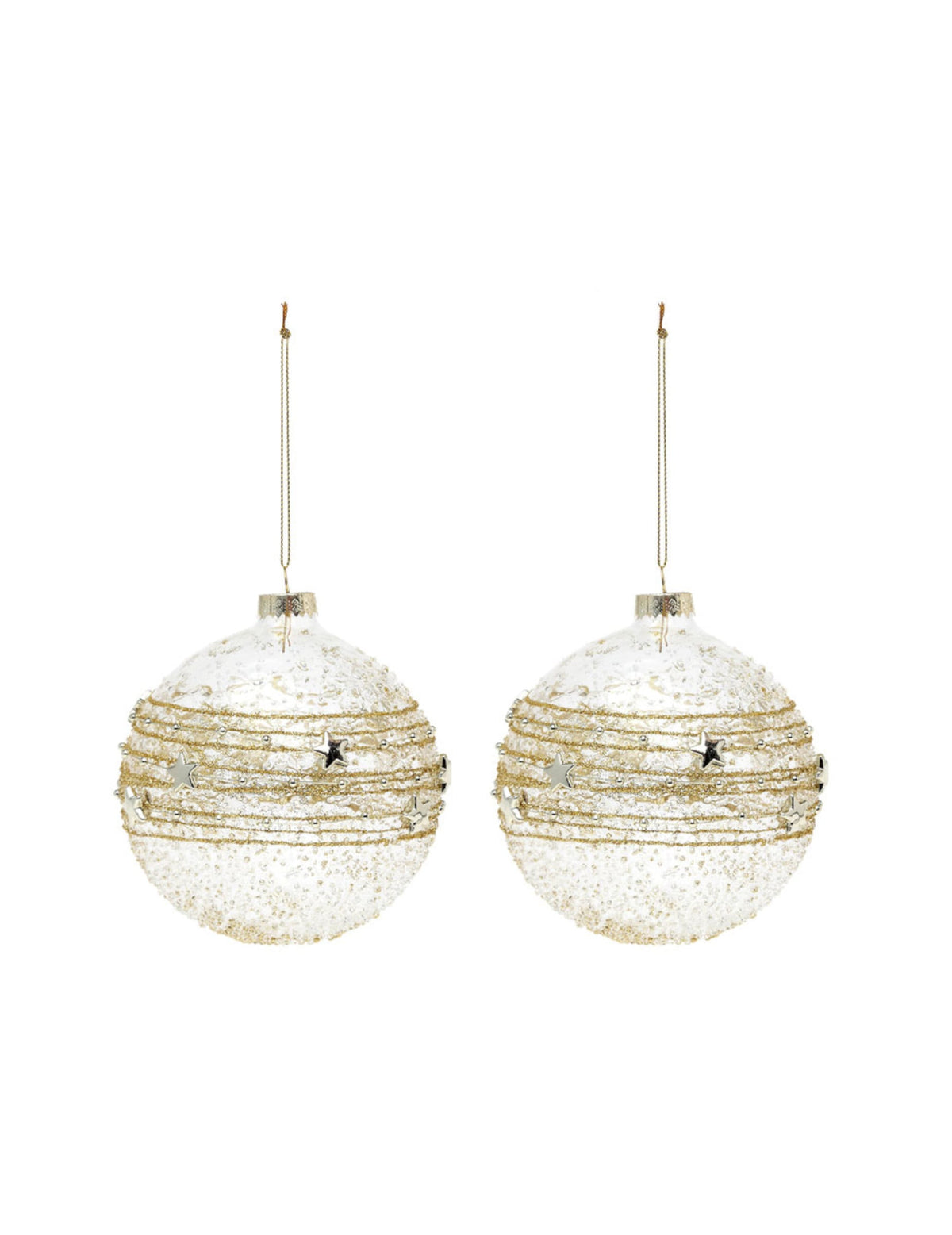 Boules en verre décoration de Noël doré avec fils scintillants et petites étoiles