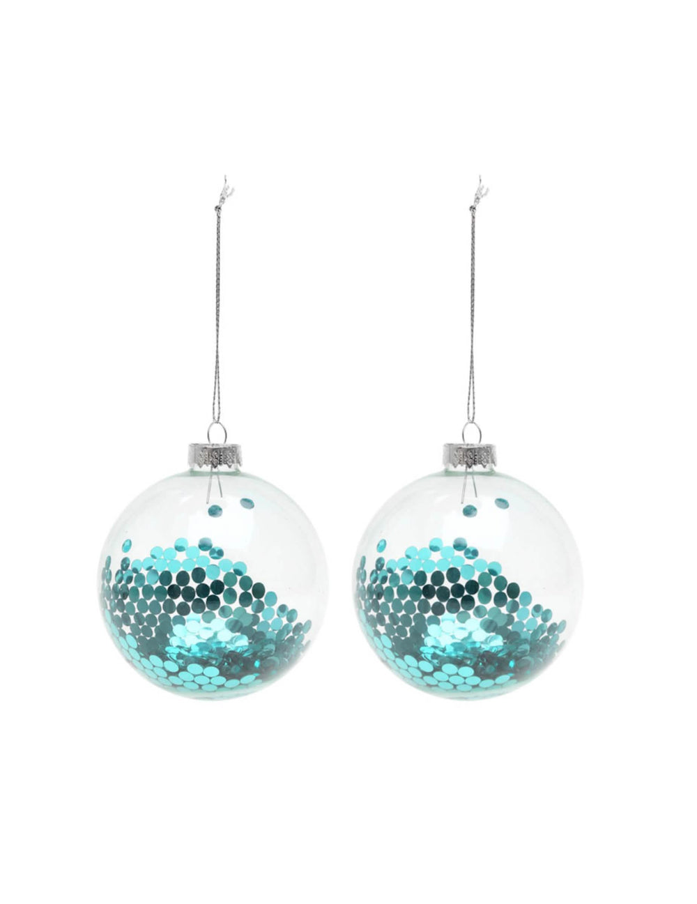 Bolas de vidro de natal transparentes para árvore com purpurinas azuis