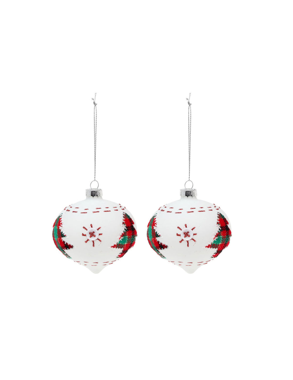 Boules en verre avec sapins pour décoration de Noël blanches avec motifs écossais rouges et verts