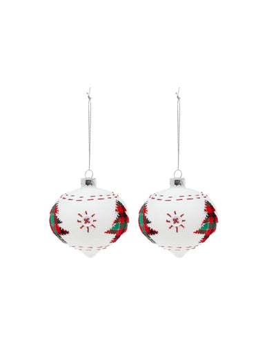 Boules en verre avec sapins pour décoration de Noël blanches avec motifs écossais rouges et verts