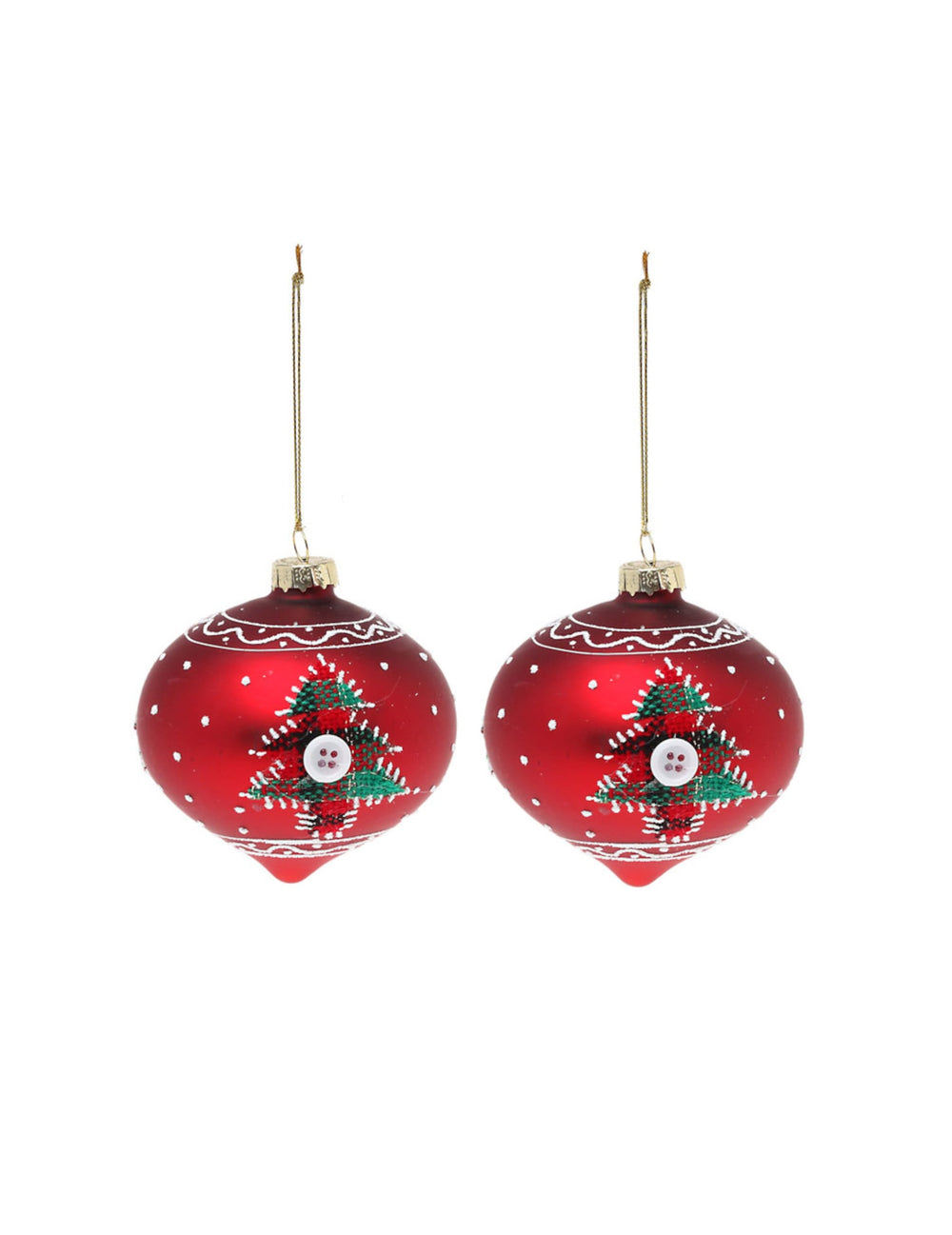 Boules en verre sapins rouges avec motif écossais et bouton blanc