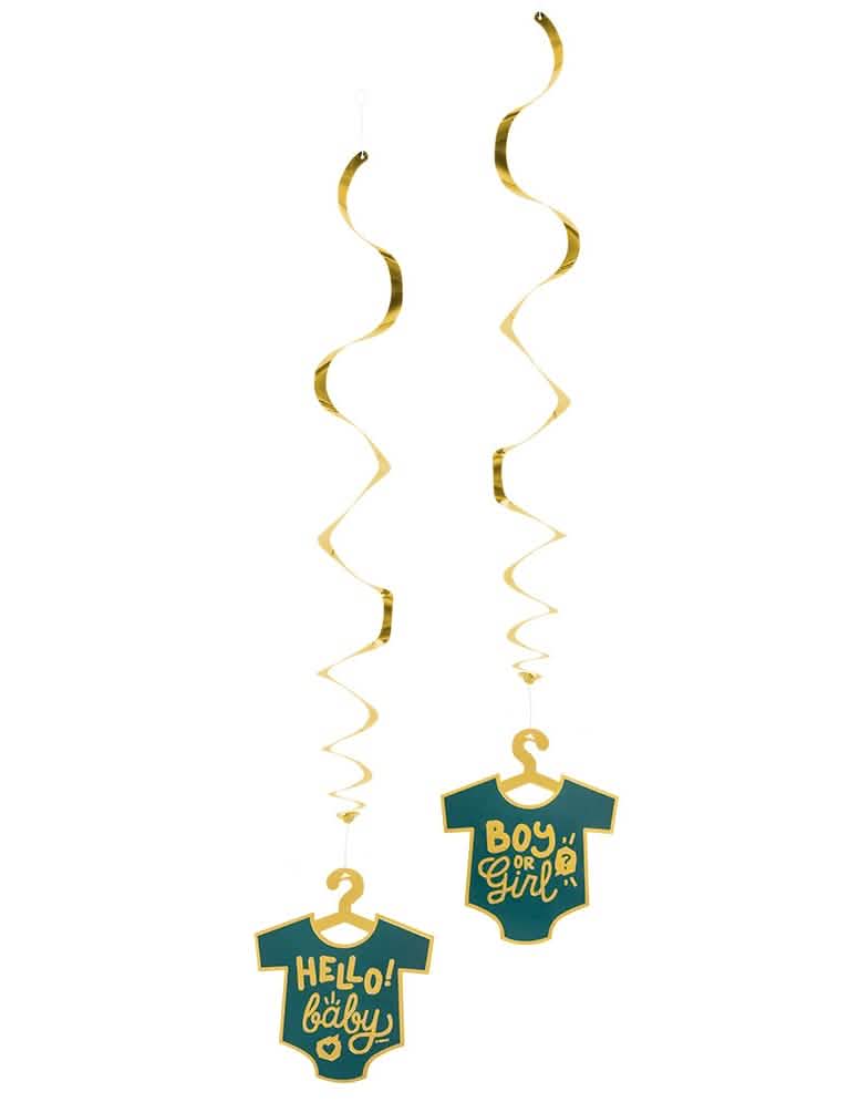 Decorações suspensas Boy or Girl para baby shower, espirais douradas e verde