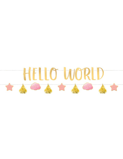 Guirlandes en carton Hello World pour baby shower rose et or