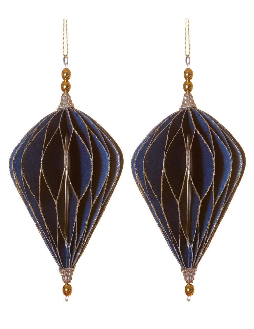 2 suspensões origami losangos para decoração azuis e dourado