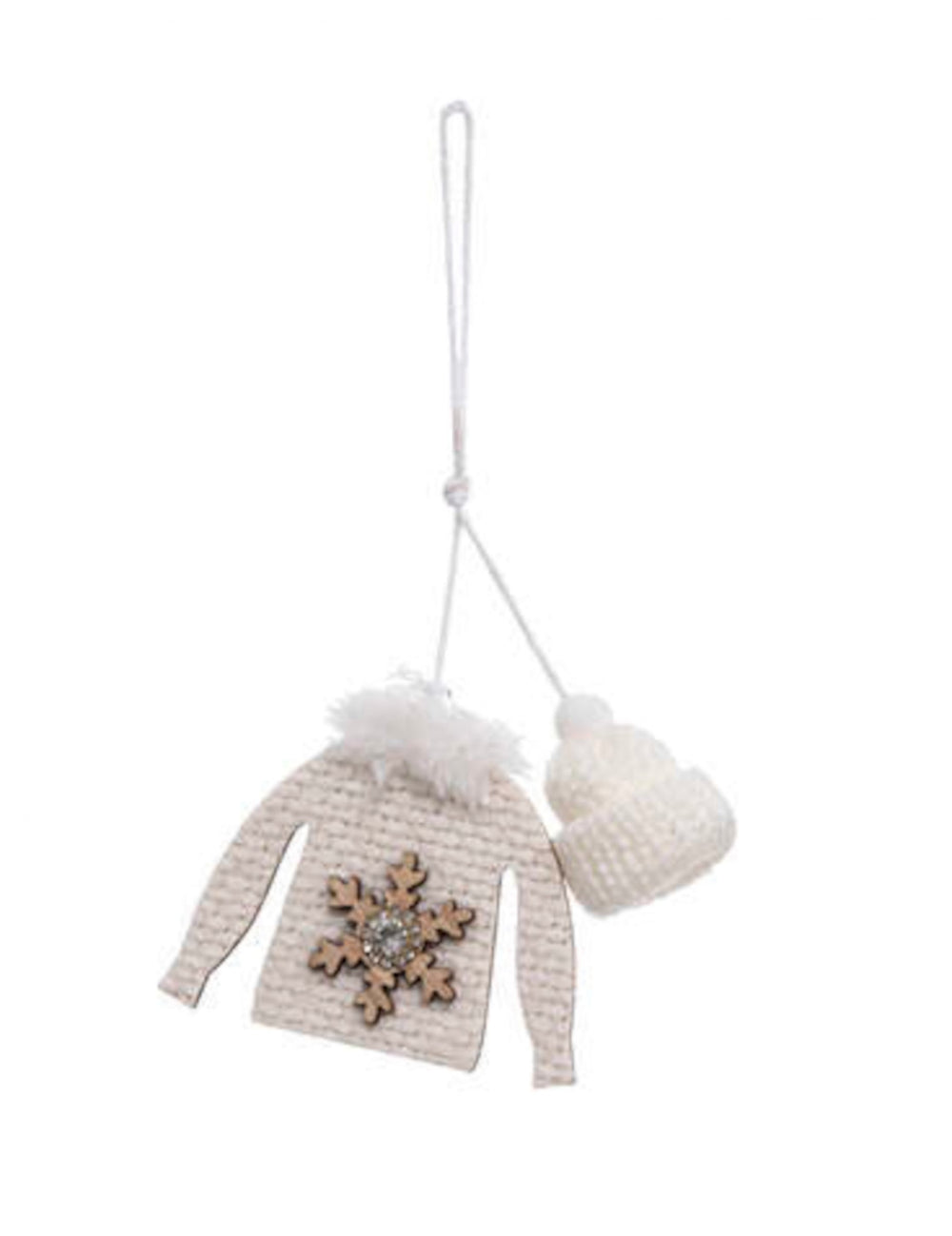Détail du petit bonnet et du pull blancs des suspensions pulls de Noël pour sapin