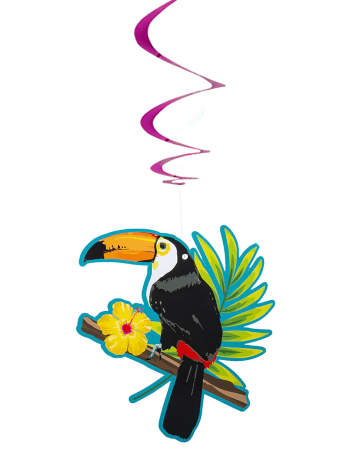 Grande plano do motivo do tucano e do hibisco das suspensões espirais tucano