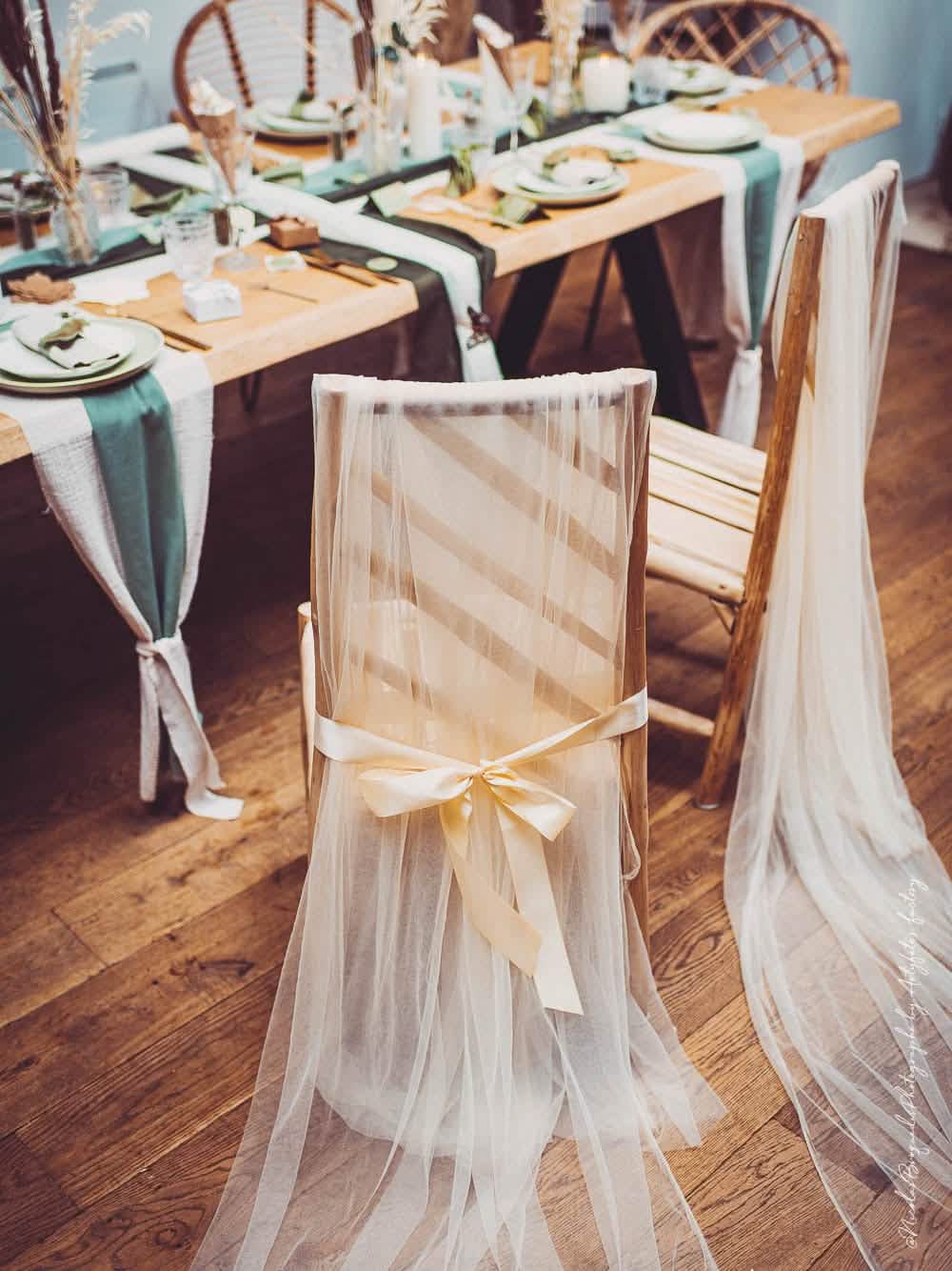 Véus de cadeira para casamento chique para decoração em marfim com fitas de cetim