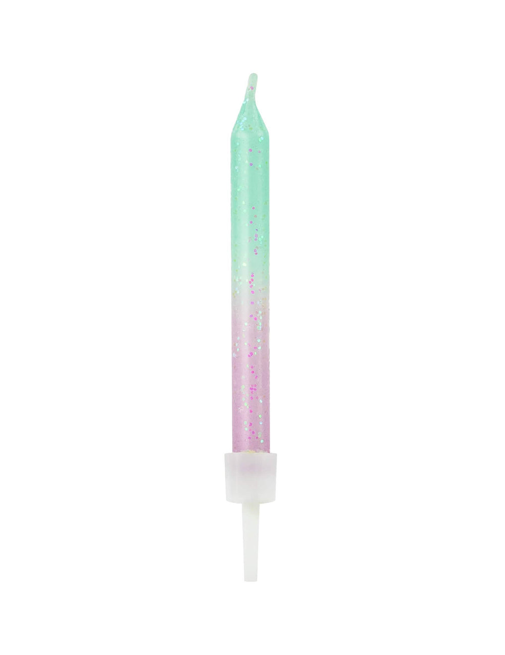 velas de aniversário iridescentes em degradé verde e cor de rosa com brilhos
