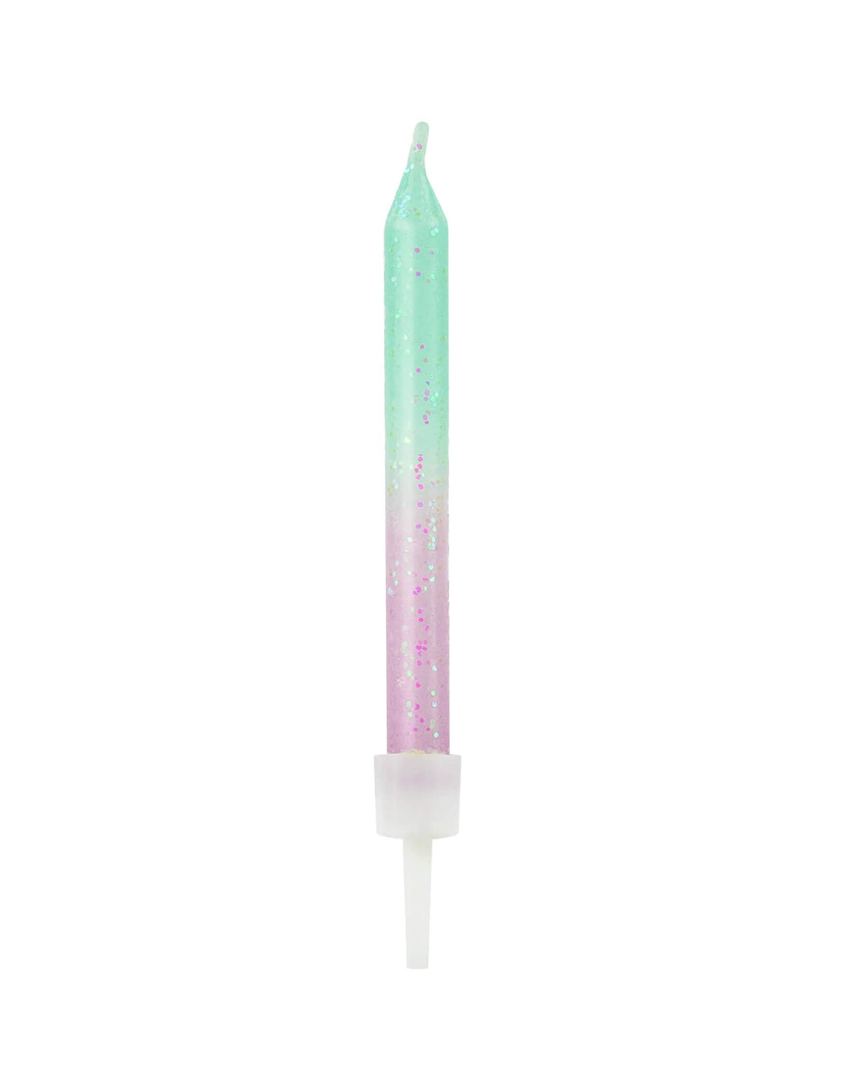 velas de aniversário iridescentes em degradé verde e cor de rosa com brilhos