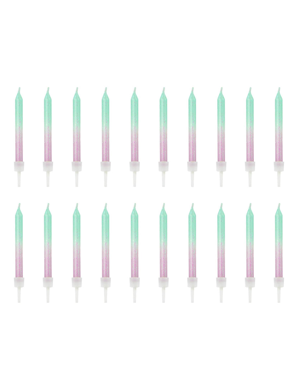 Vista geral das 20 peças das velas de aniversário iridescentes