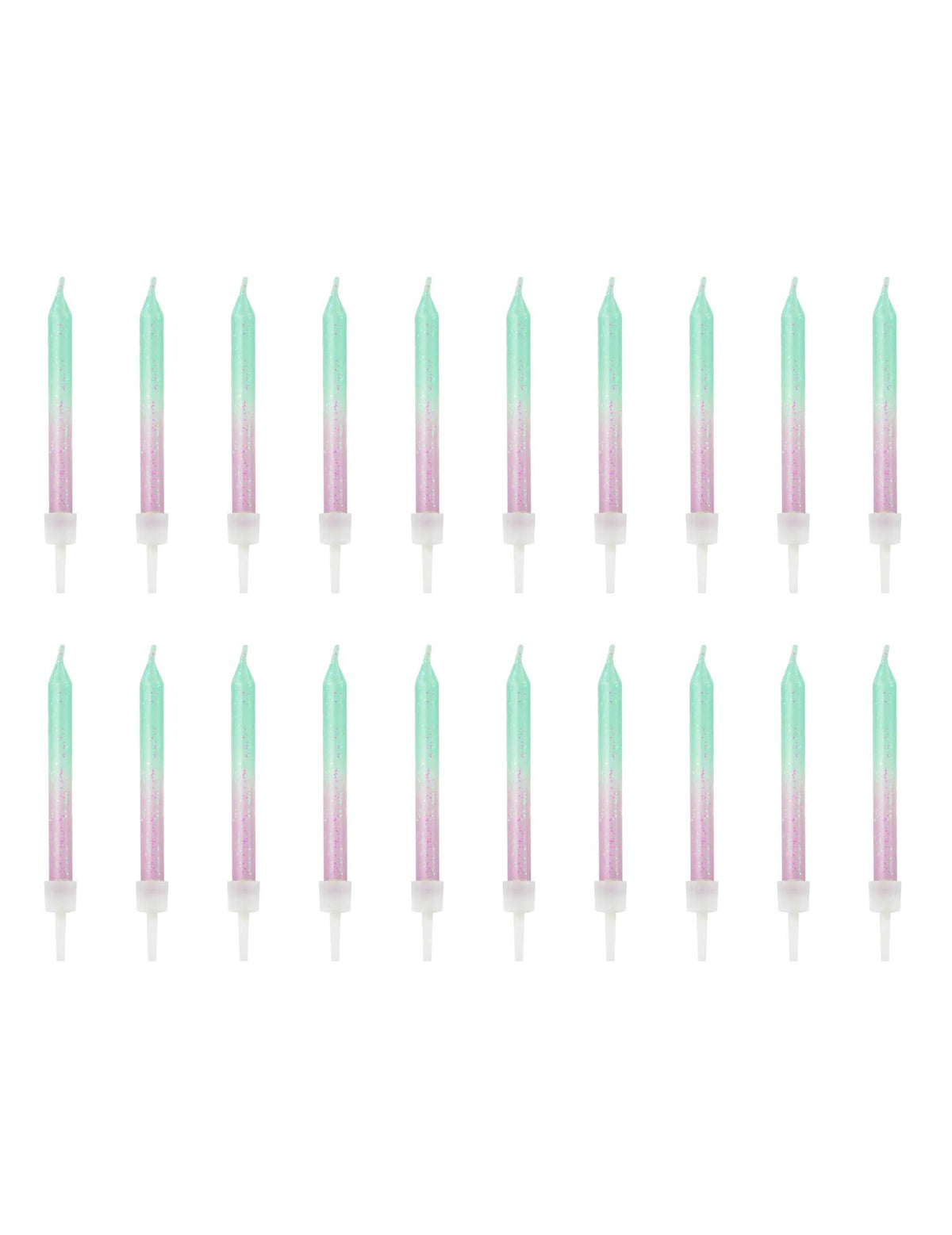 Vista geral das 20 peças das velas de aniversário iridescentes
