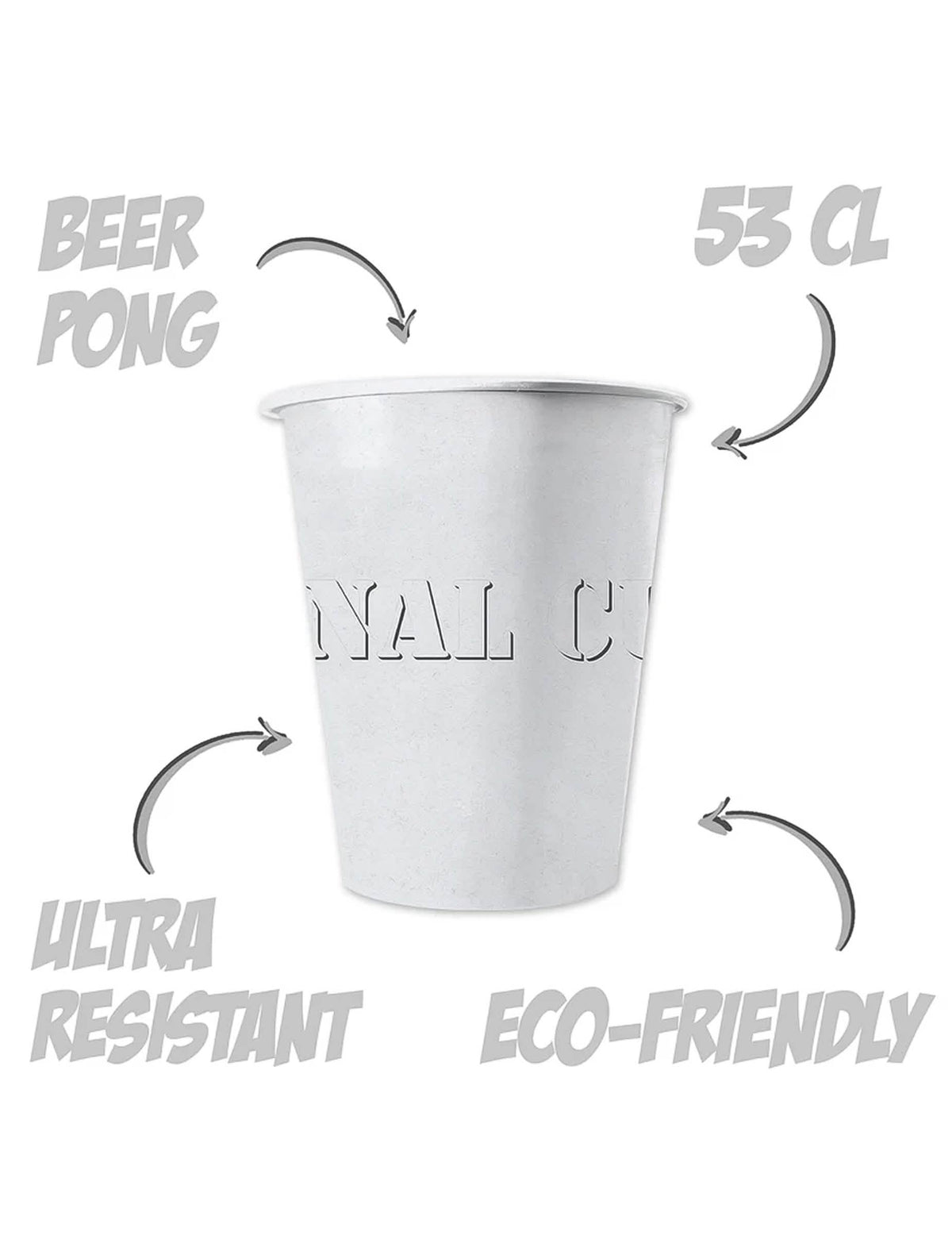 Detalhe das características dos copos americanos de cartão reciclável branco 53 cl