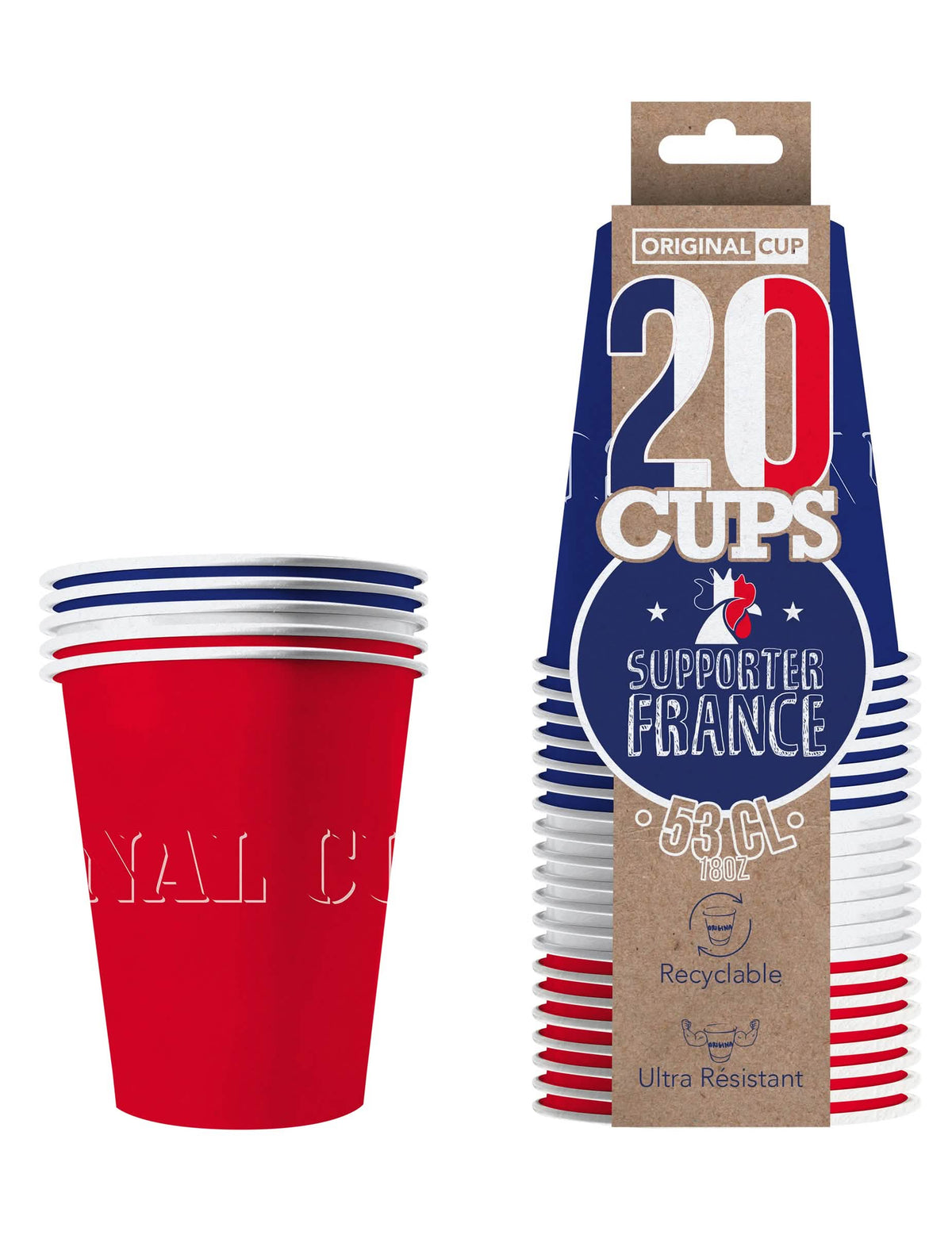 Copos americanos em cartão reciclável frança para adepto azul branco vermelho