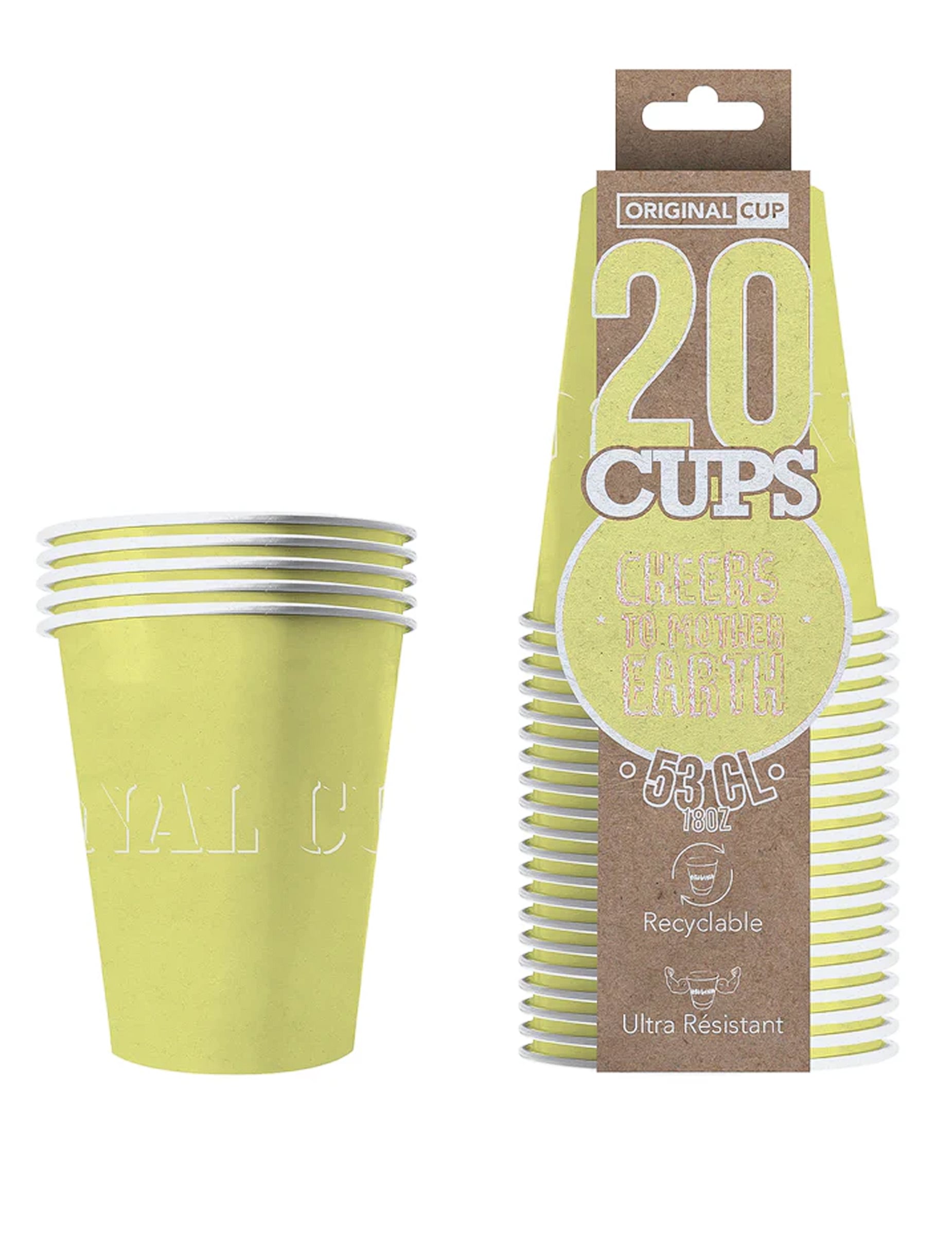 Vue de l'emballage des gobelets américains en carton recyclable jaune pastel