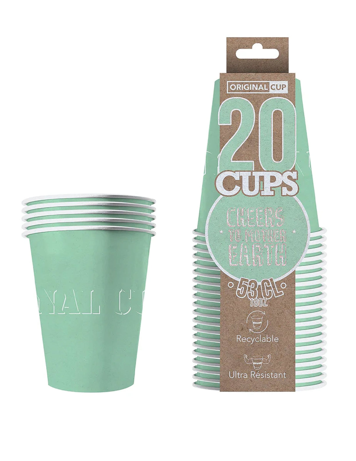 Vue de l'emballage et du lot de gobelets américains carton recyclable menthe 53 cl