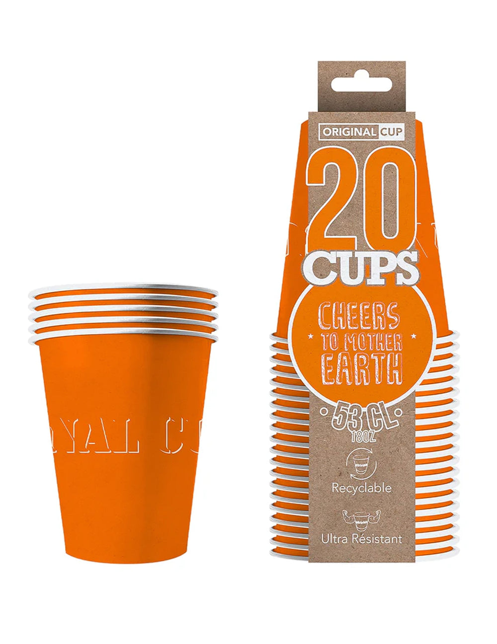 Vue du packaging des gobelets américains en carton recyclable orange