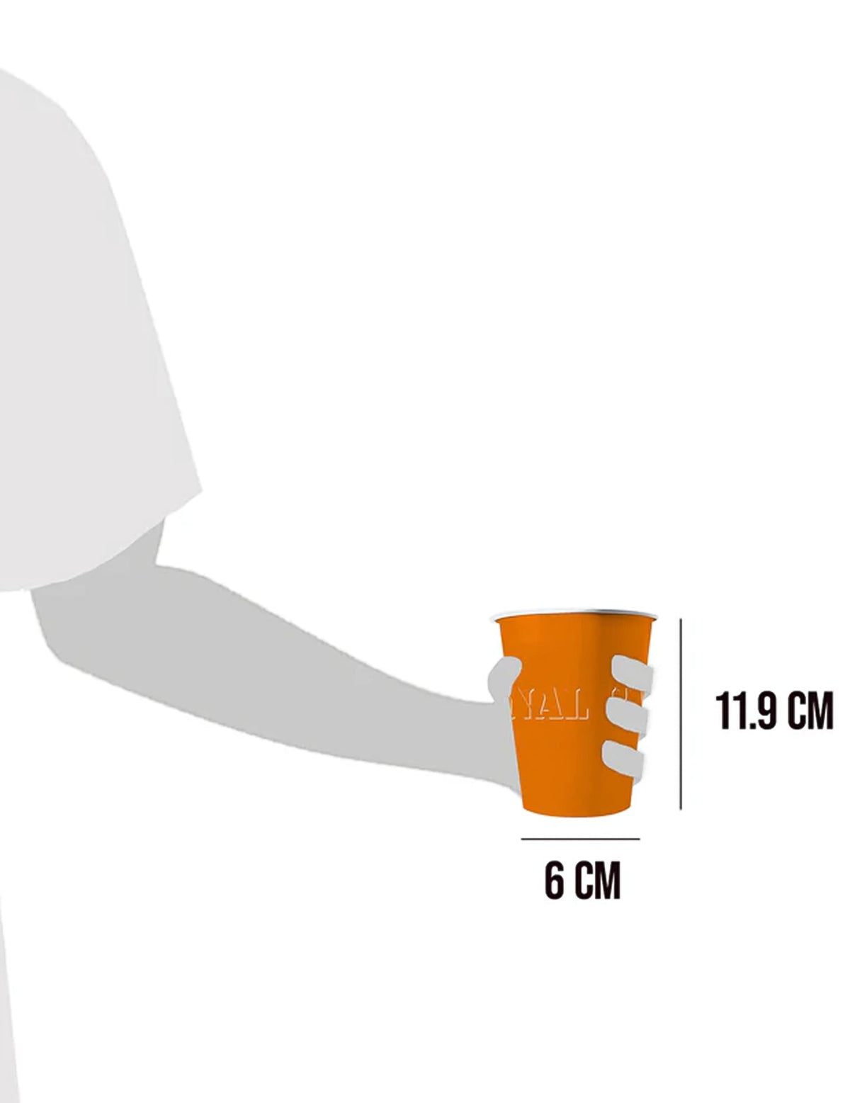 Dimensions et mise en situation des gobelets américains en carton recyclable orange