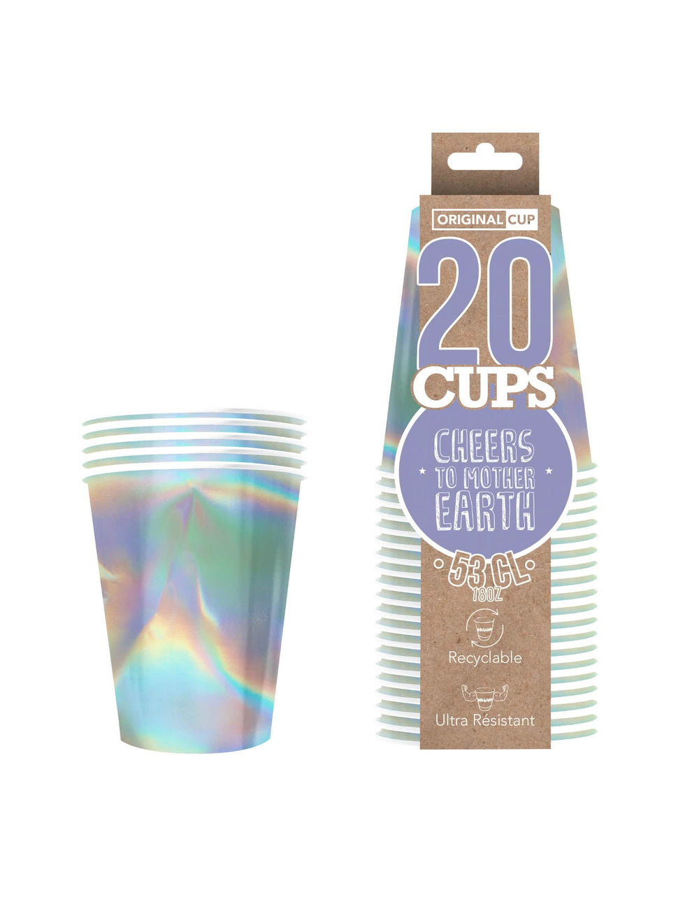 Vista com embalagem dos copos americanos em cartão reciclável rainbow iridescent