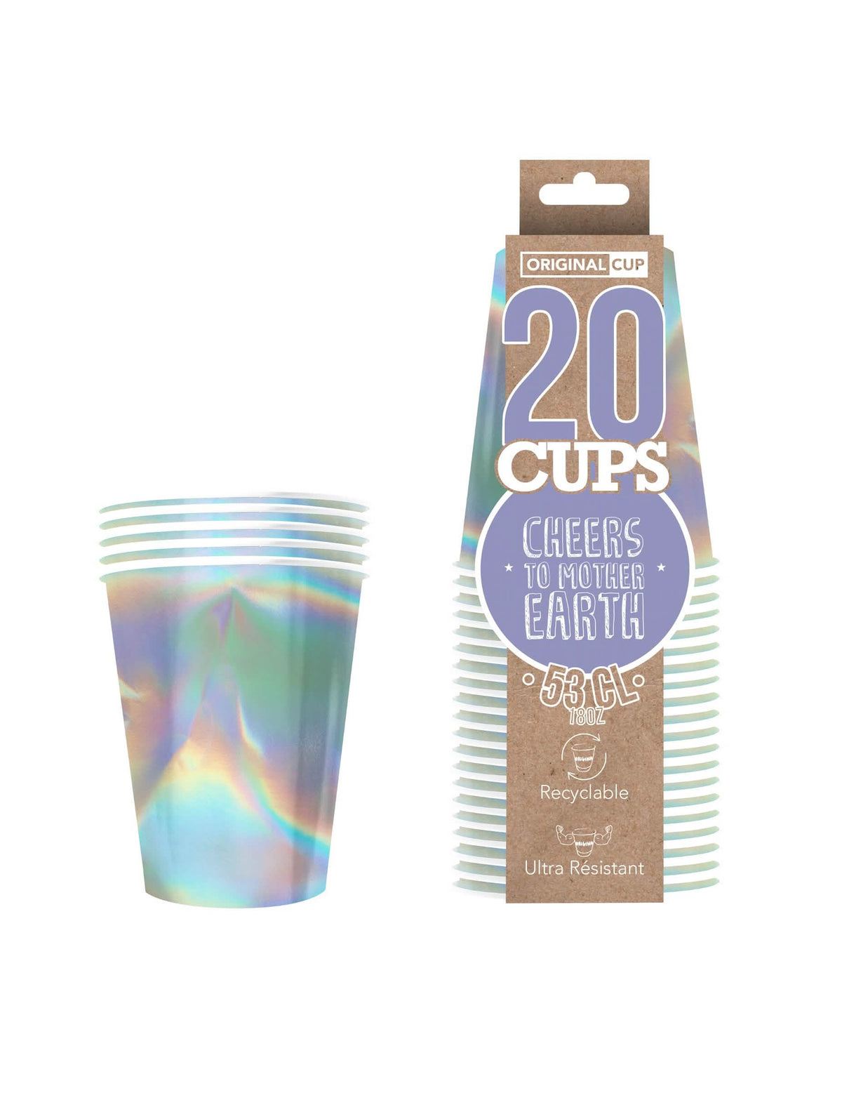 Vista com embalagem dos copos americanos em cartão reciclável rainbow iridescent