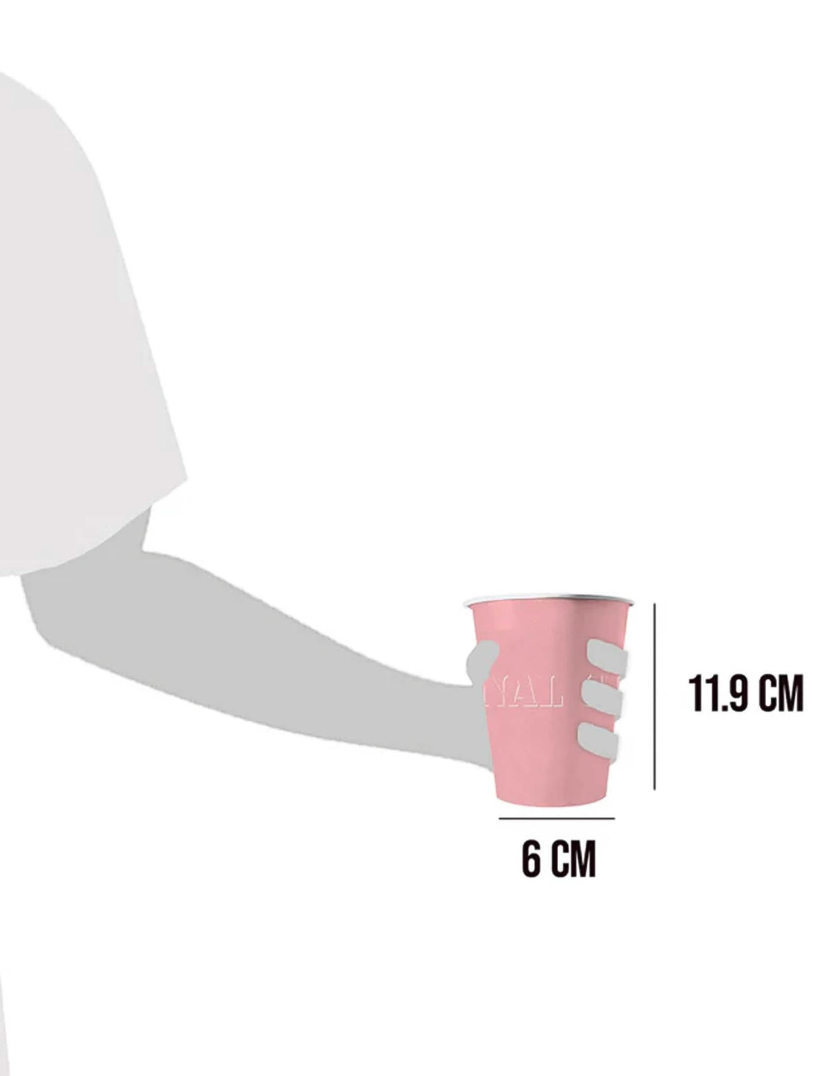 Detalhe das dimensões dos copos americanos cor de rosa pastel em cartão reciclável