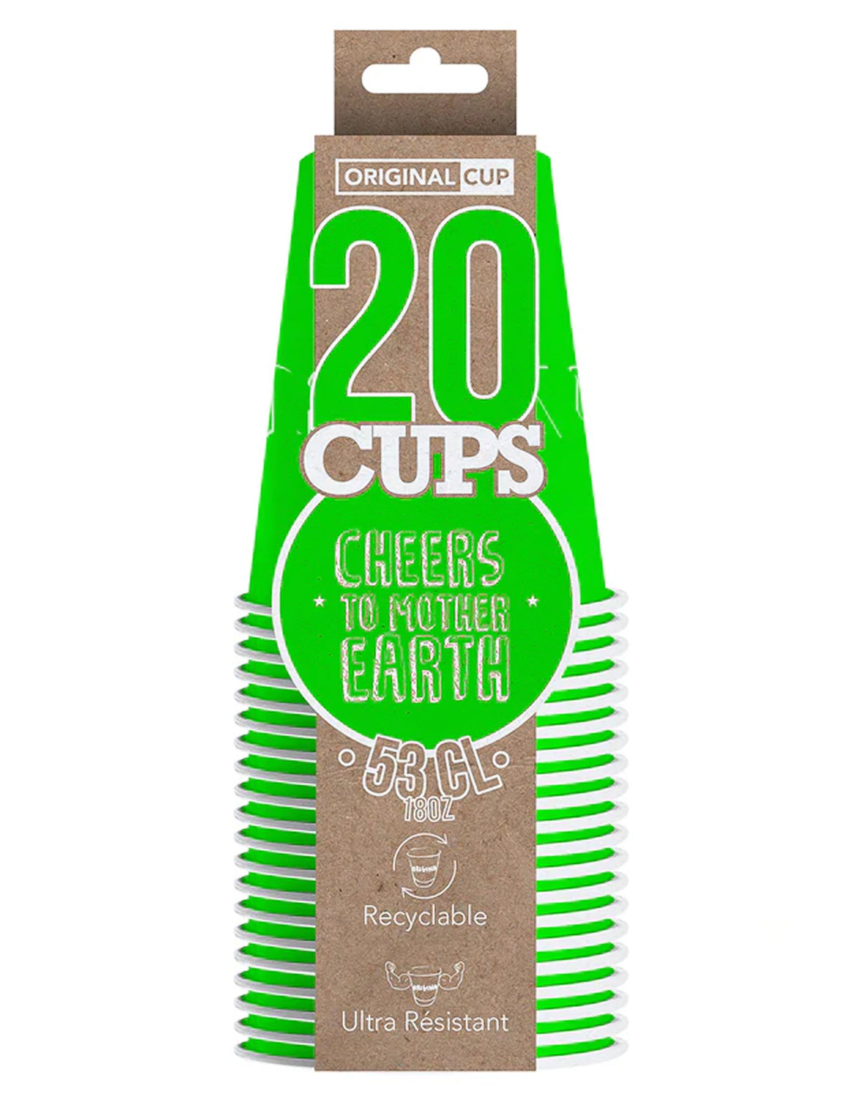 Vue de face de l'emballage des 20 gobelets américains en carton recyclable verts