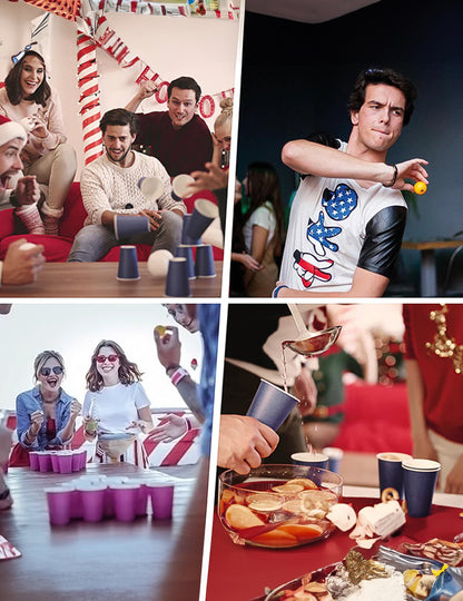 Mise en situation festive des 20 gobelets américains en carton recyclable verts