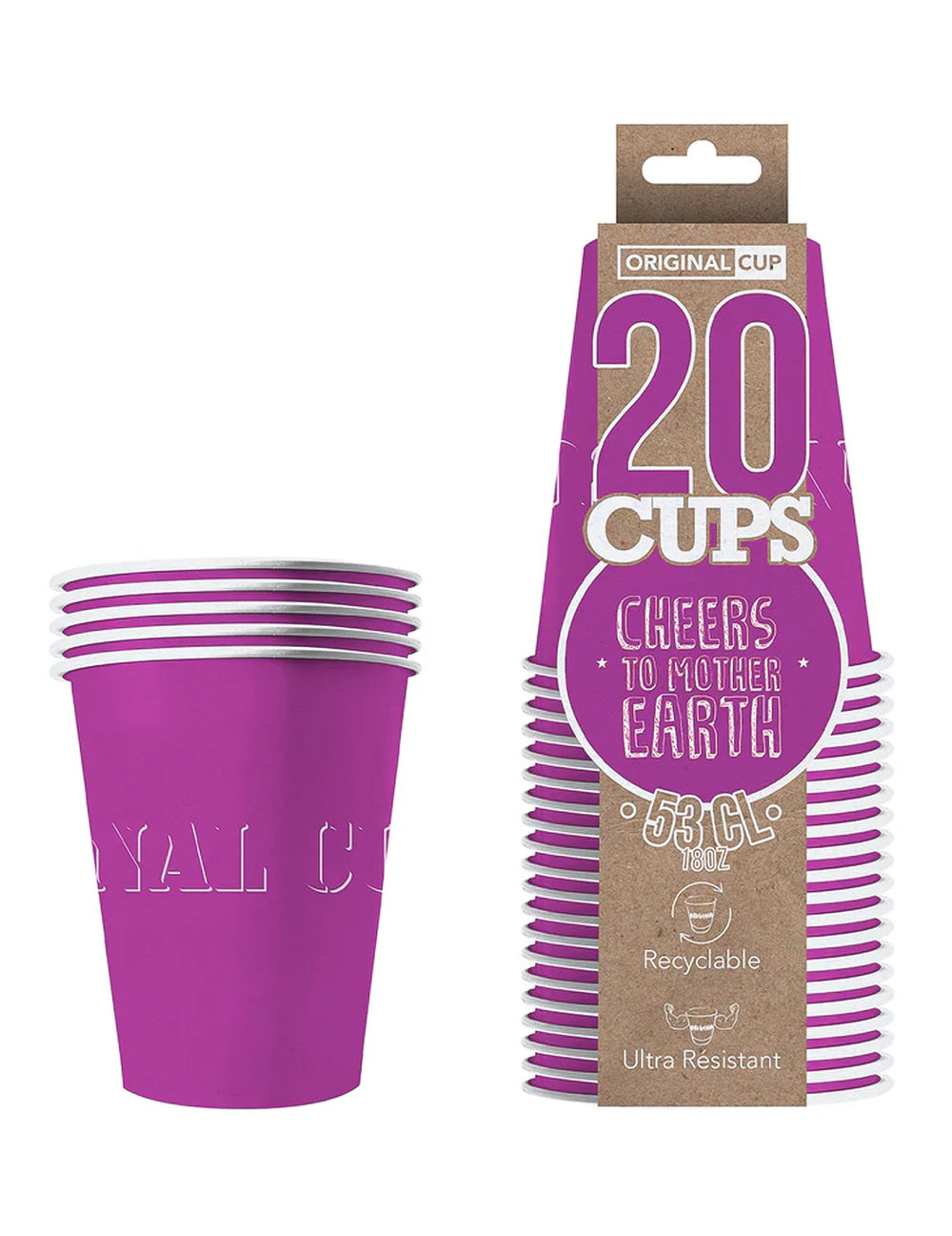 Vue de l'emballage des gobelets américains en carton recyclable violets