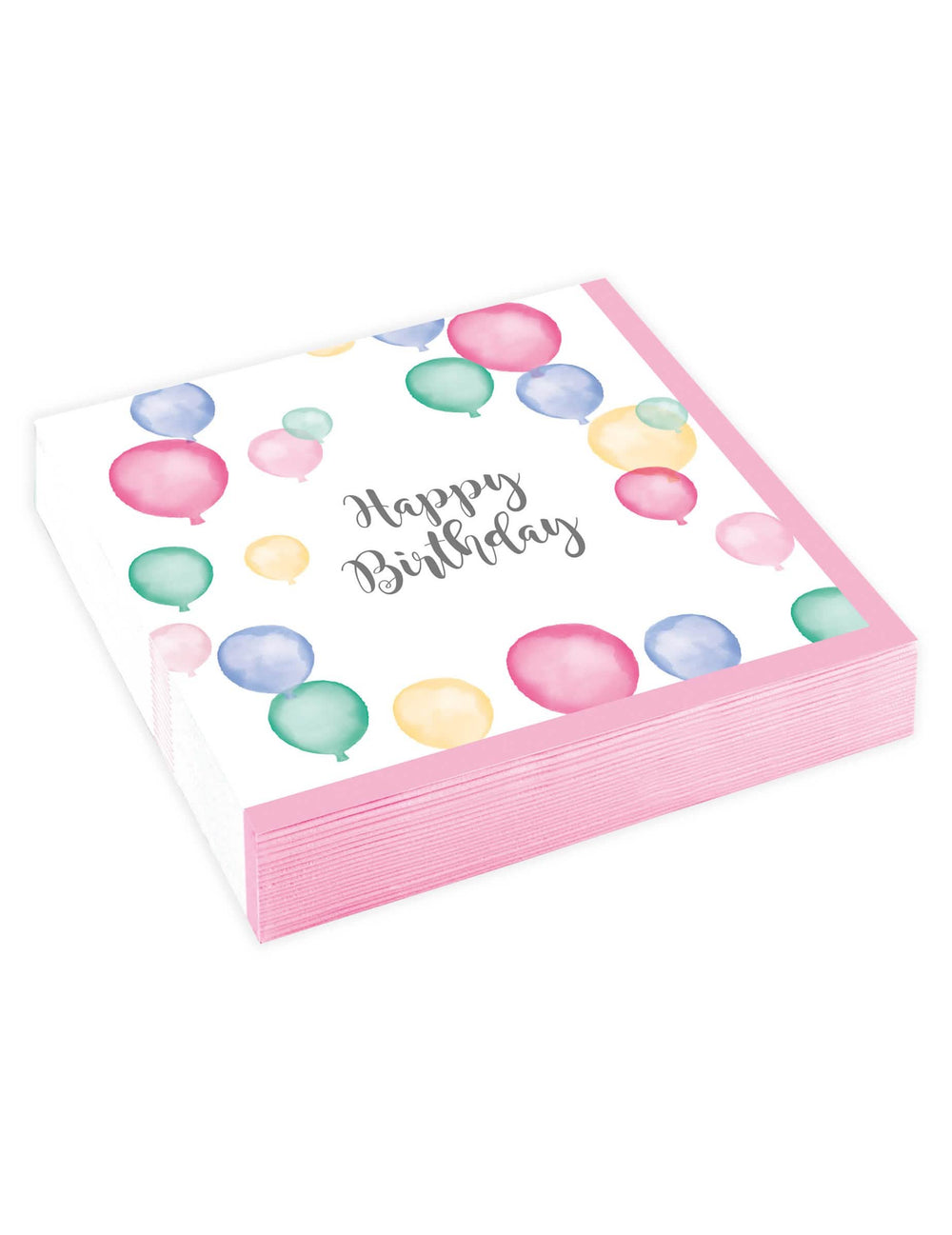 guardanapos Happy Birthday balões pastel para festa brancos e cor-de-rosa com motivos em aguarela