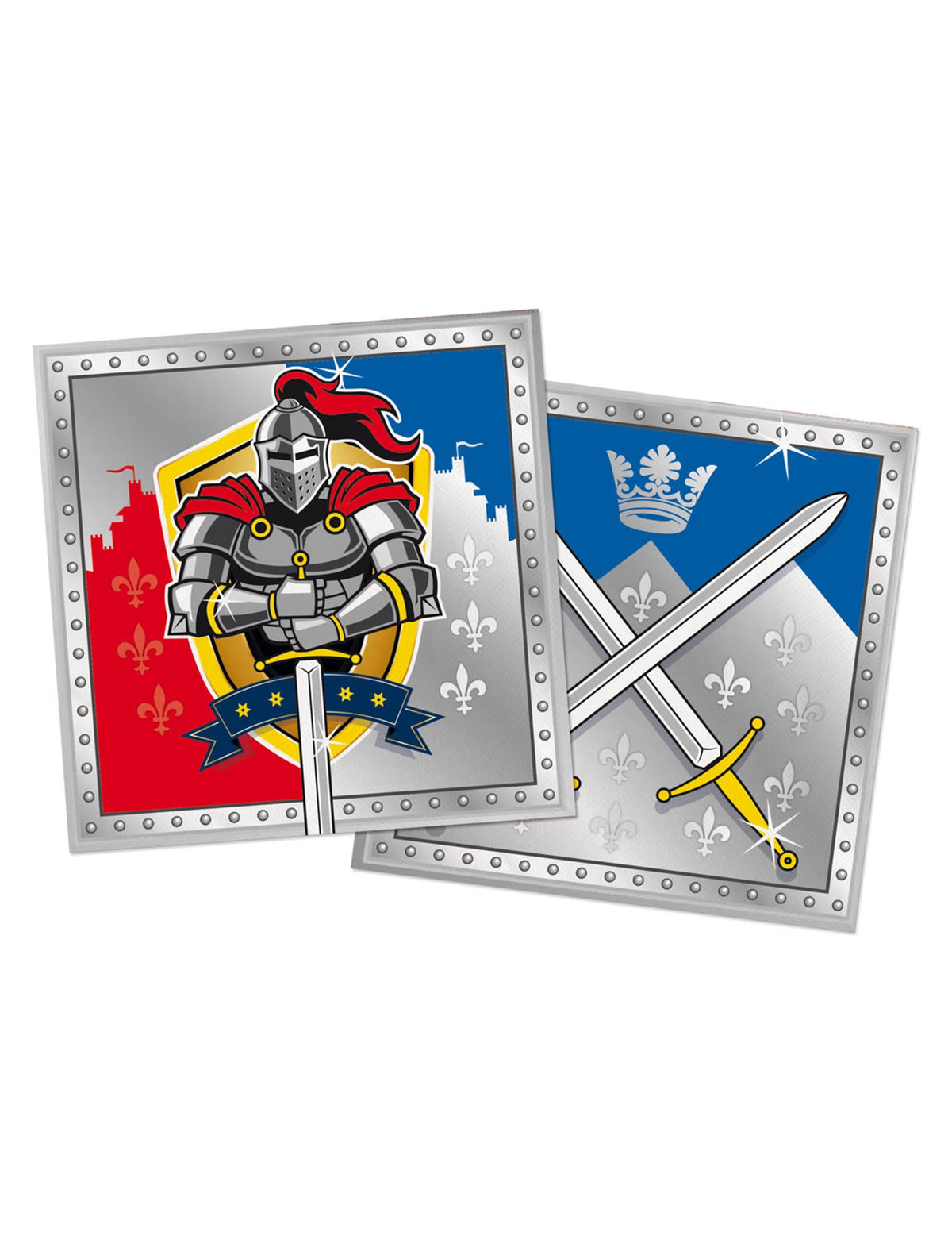 Serviettes chevaliers bleu rouge et gris avec blason et épées croisées