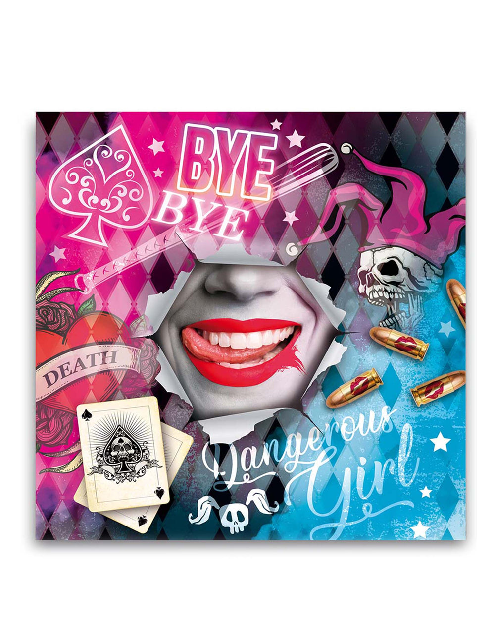 Serviettes Dangerous girl pour fête rose et bleue avec motifs tête de mort et lèvres rouges