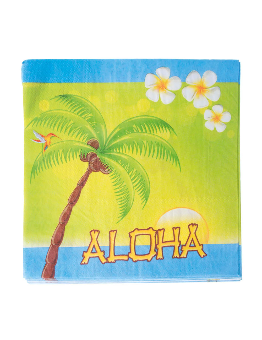 guardanapos Aloha para festa azuis e verdes com motivo de palmeira e flores exóticas