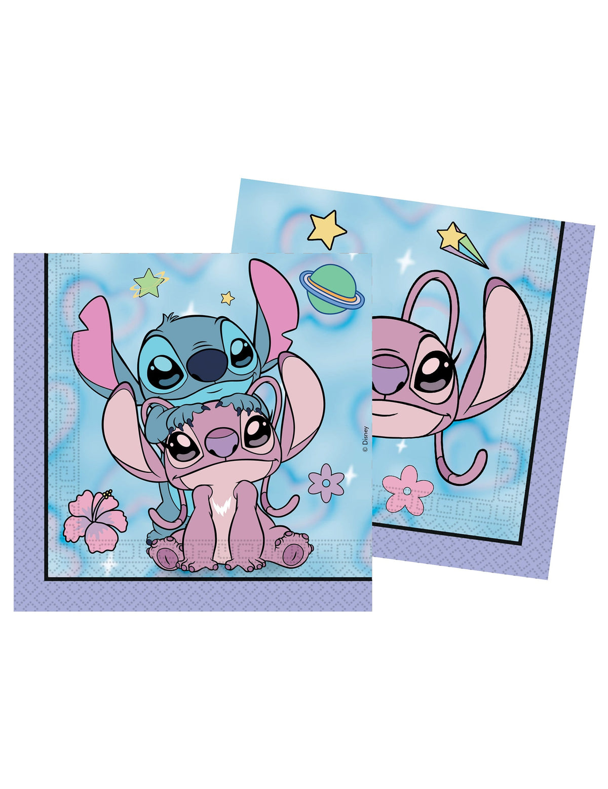 Serviettes en papier Angel et Stitch bleues et mauves avec motifs fleurs et étoiles