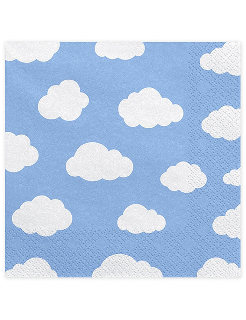 Mise en scène des serviettes en papier petits nuages pour baby shower bleu et blanc