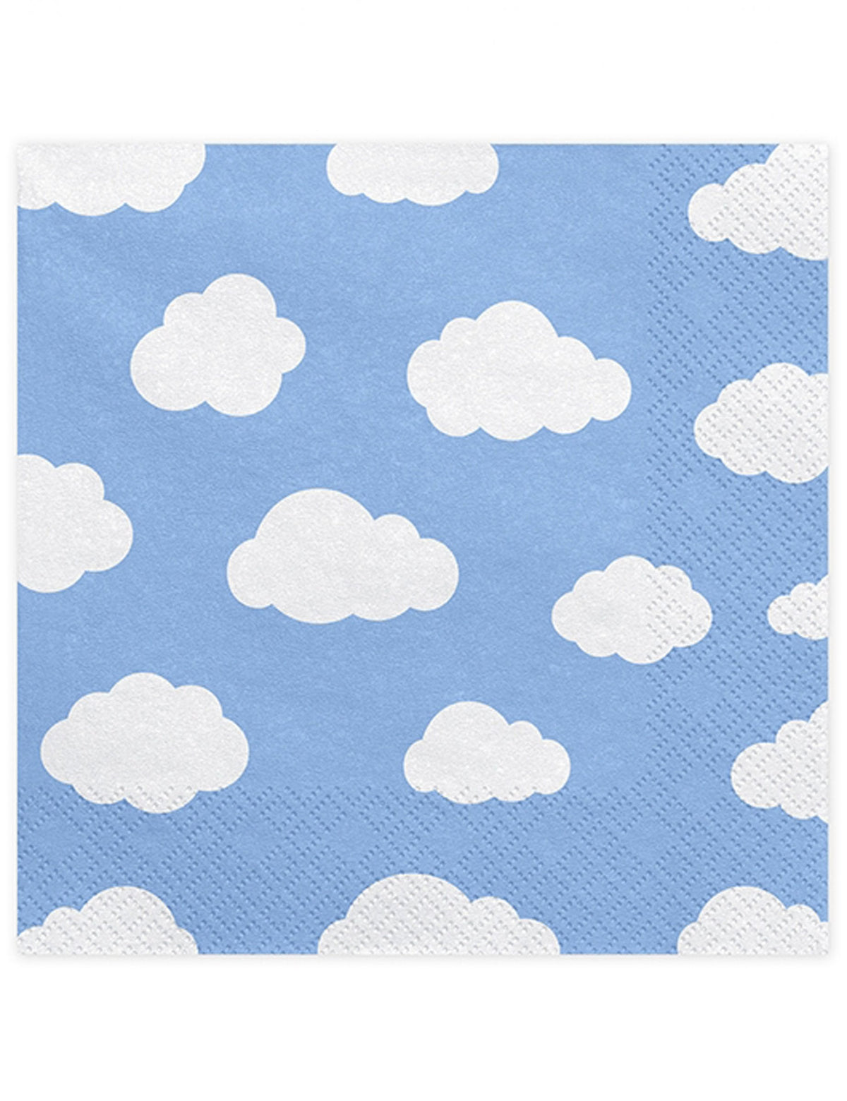 Mise en scène des serviettes en papier petits nuages pour baby shower bleu et blanc