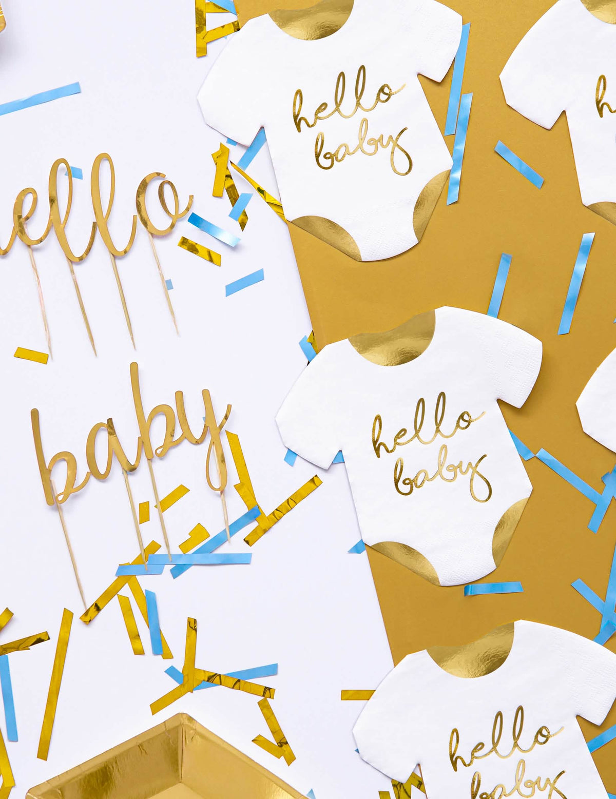Encenação com confettis dos guardanapos body Hello Baby
