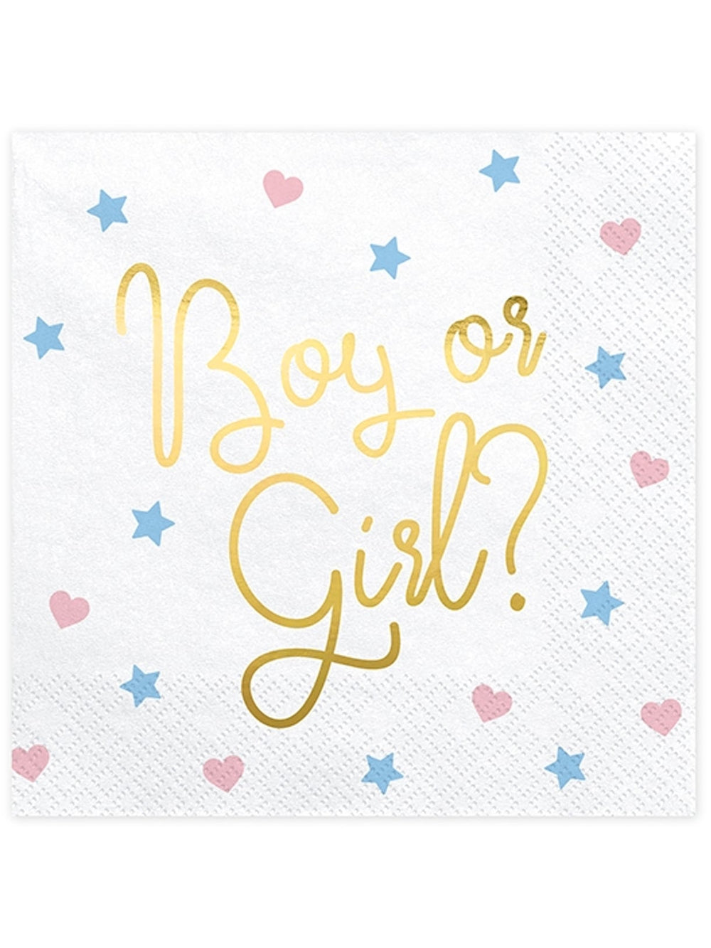 Serviettes en papier Boy or Girl pour baby shower blanches avec inscriptions dorées cœurs et étoiles