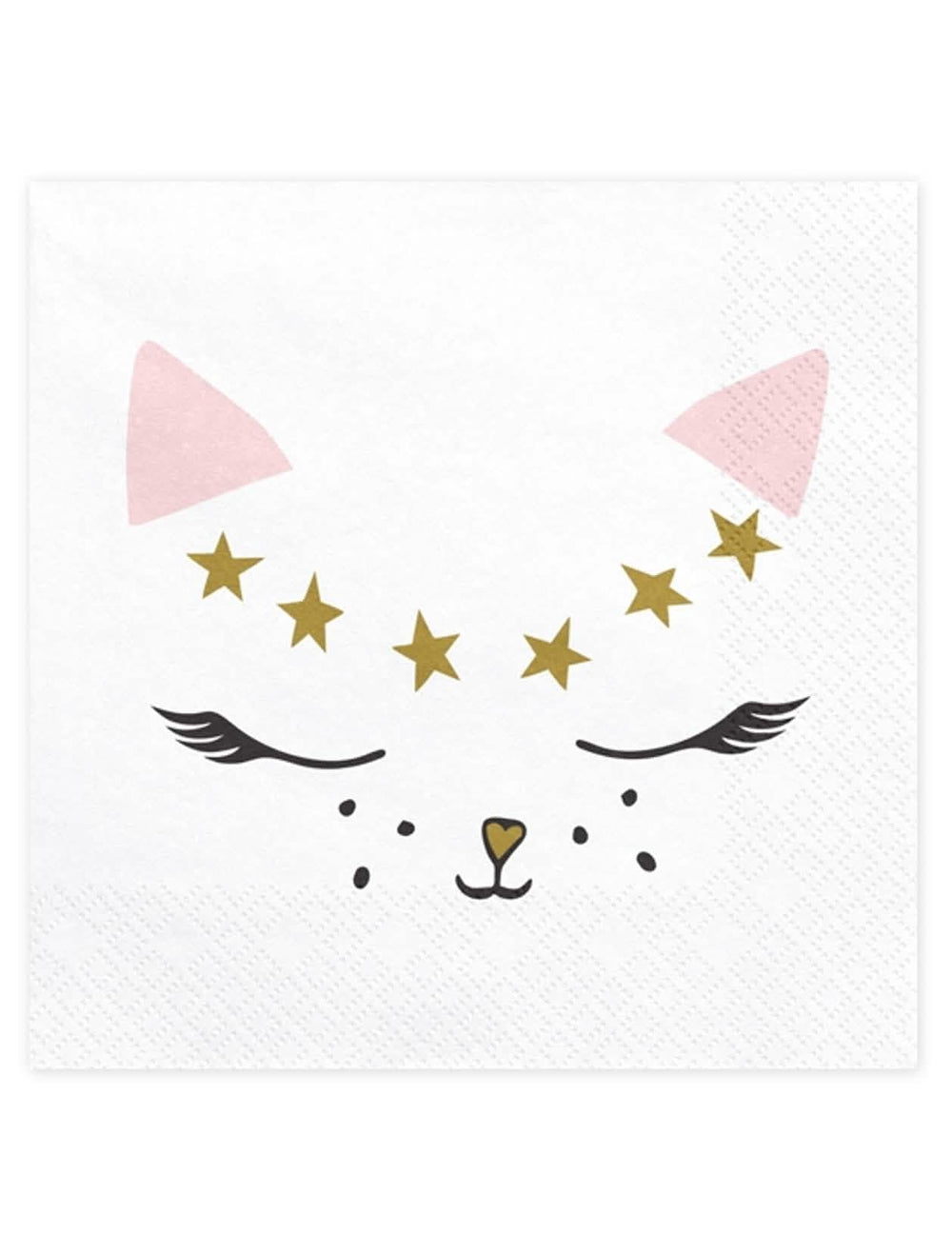 guardanapos gatinho branco com estrelas douradas e orelhas cor-de-rosa