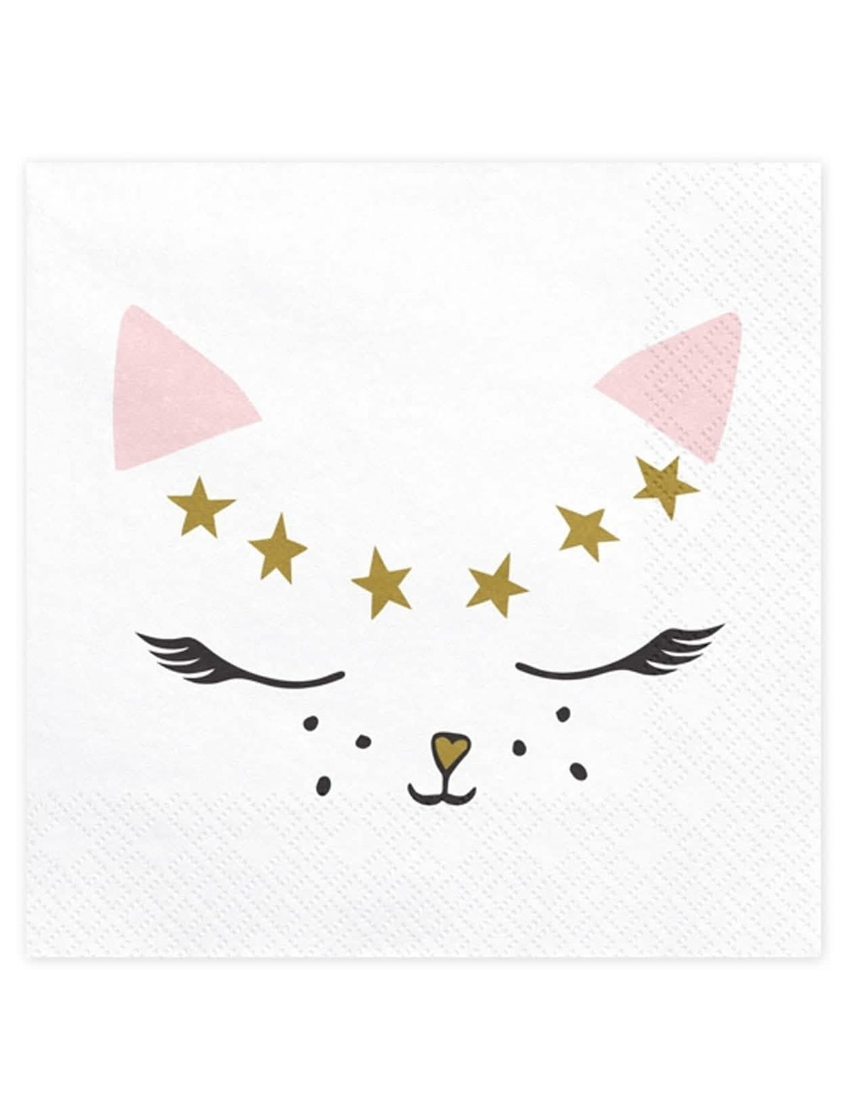 guardanapos gatinho branco com estrelas douradas e orelhas cor-de-rosa