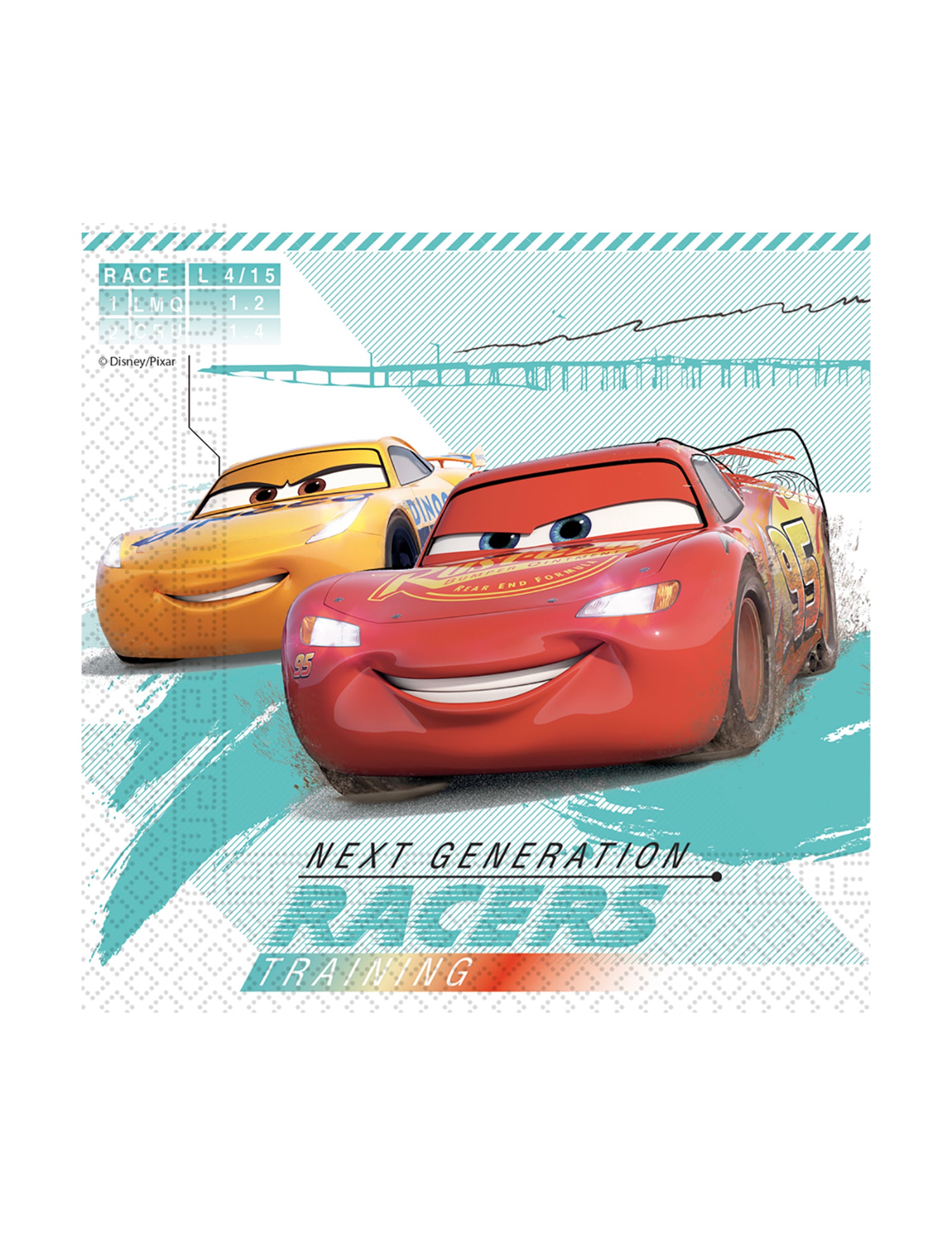 20 serviettes en papier compostable Cars 3 pour enfant rouges et jaunes avec Flash McQueen