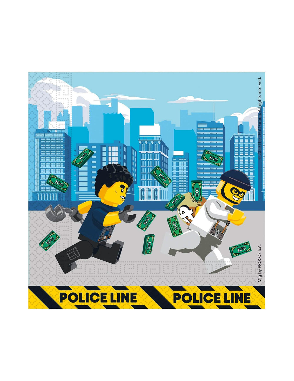 guardanapos Lego City azuis com personagens de ladrões e notas de banco