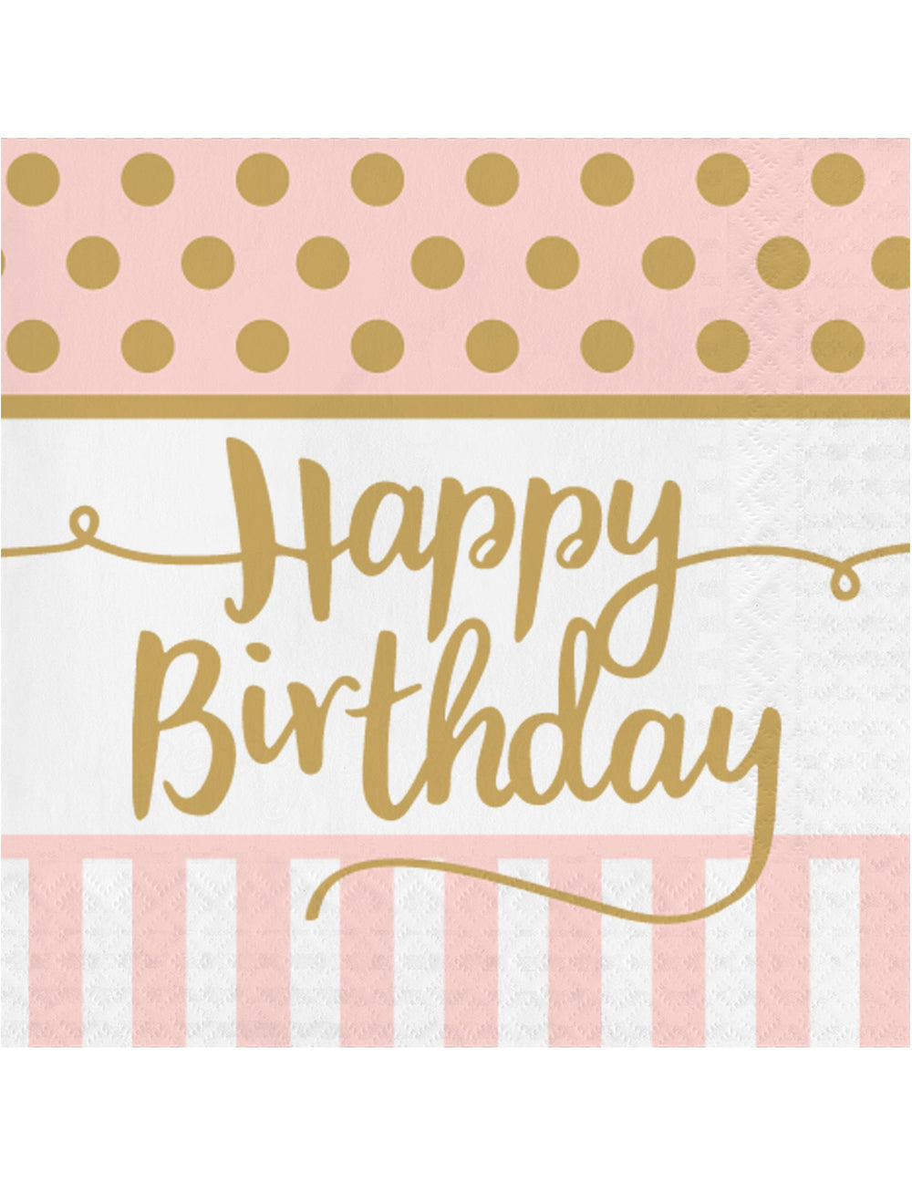 Serviettes en papier Happy Birthday pour anniversaire rose et or à pois et rayures