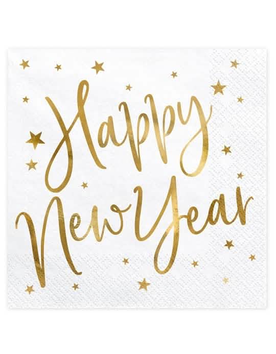 guardanapos Happy New Year brancos e dourados com estrelas