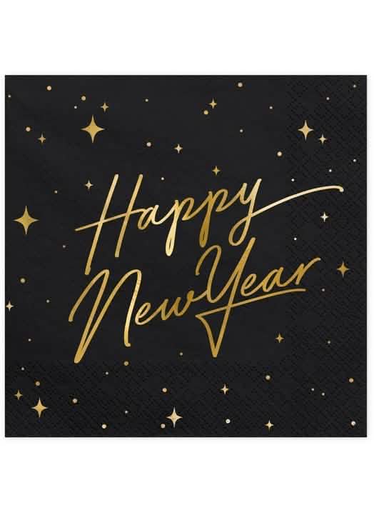 guardanapos Happy New Year pretos e dourados com decoração estrelada