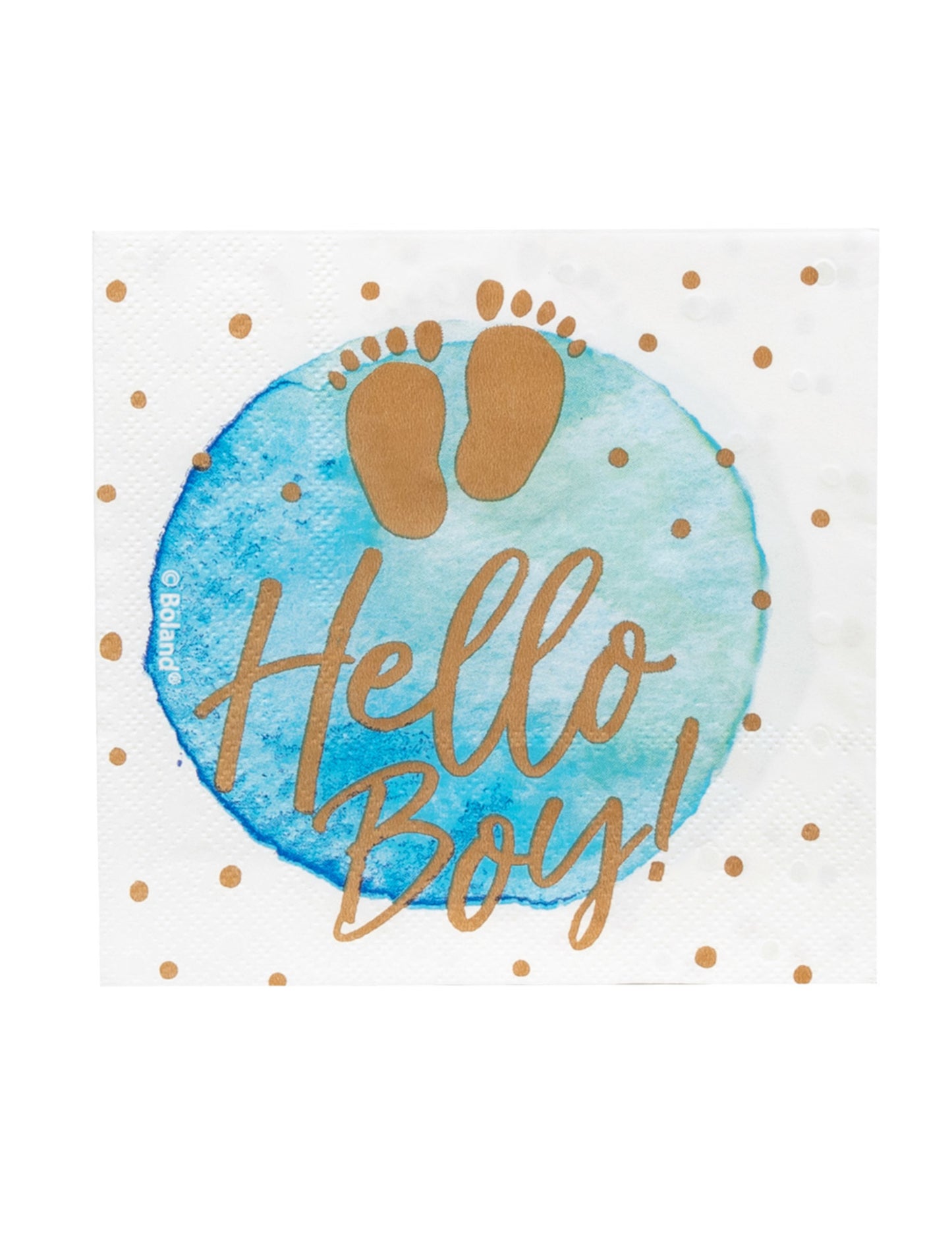 Serviettes en papier hello boy pour baby shower bleu et or avec empreintes de pieds