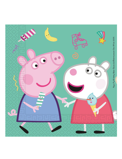 Serviettes en papier Peppa Pig pour enfant turquoise avec Peppa et Suzy Sheep mangeant des glaces