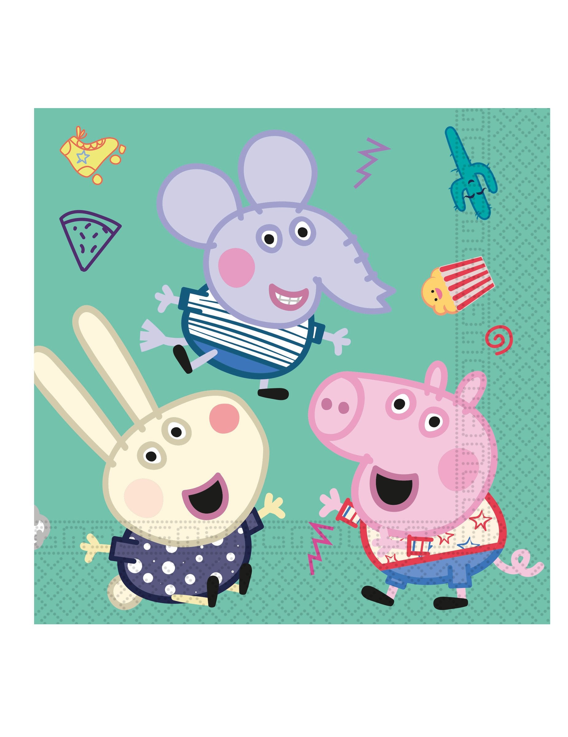 Détail de l'illustration avec Peppa, Emily Elephant et Rebecca Rabbit des serviettes en papier Peppa Pig