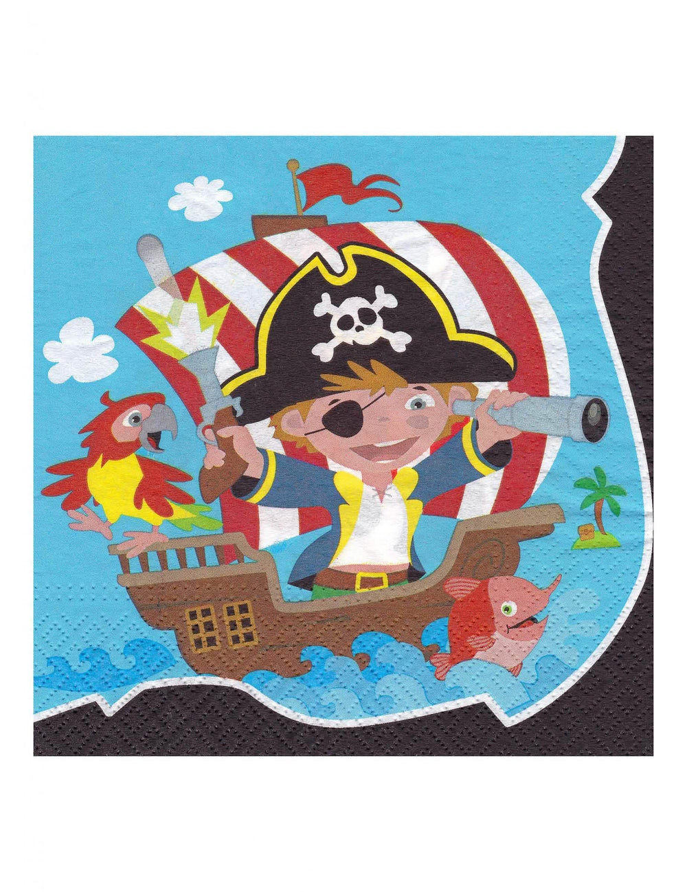 guardanapos de papel pirata para aniversário de criança azuis com ilustração de barco e papagaio