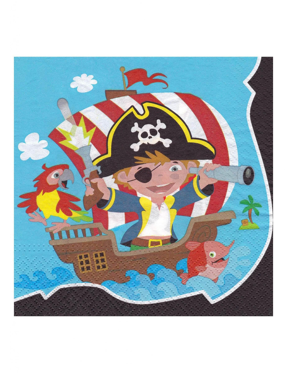 guardanapos de papel pirata para aniversário de criança azuis com ilustração de barco e papagaio