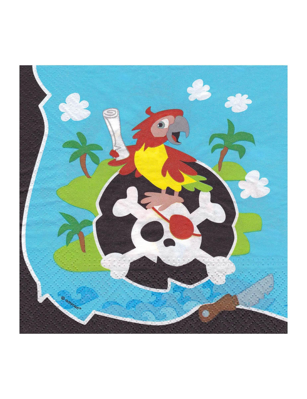 Detalhe da ilustração do papagaio sobre uma caveira dos guardanapos pirata para aniversário criança