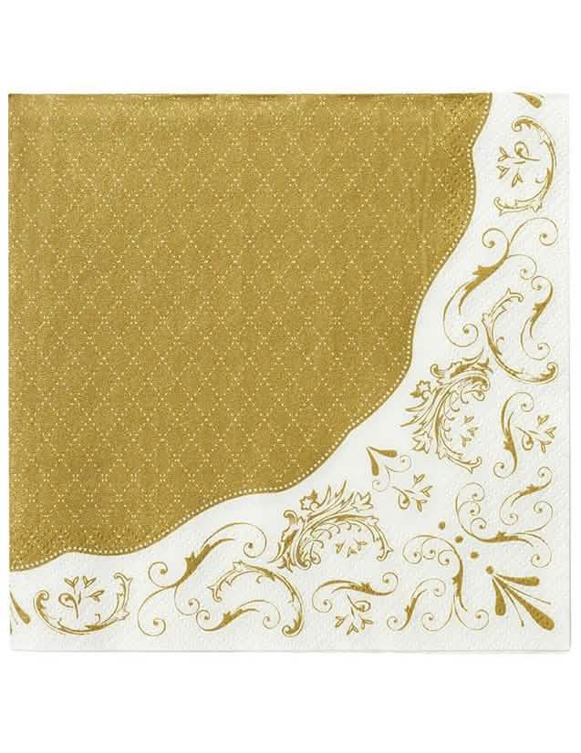 guardanapos de papel de porcelana com motivos barrocos para festa branco e dourado